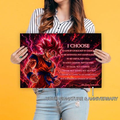 Goku Super Saiyan God Canvas Wall Art - Dragon Ball Super Motivational Quote "I Choose" Print - Ready to Hang Home Office Decor - DR095
