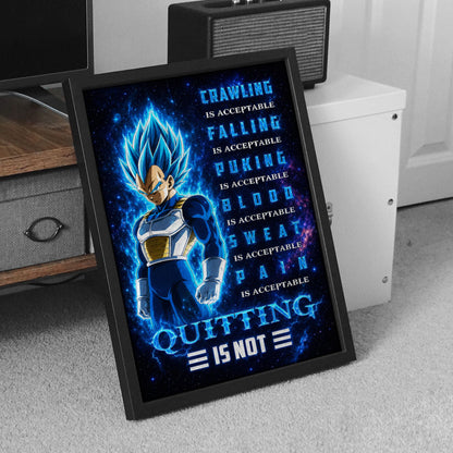 Vegeta Super Saiyan Blue Canvas Wall Art - Dragon Ball Anime Motivational Quote “Quitting Is Not” Print - Ready to Hang Gym Workout Decor - DR104