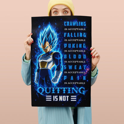 Vegeta Super Saiyan Blue Canvas Wall Art - Dragon Ball Anime Motivational Quote “Quitting Is Not” Print - Ready to Hang Gym Workout Decor - DR104