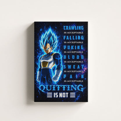Vegeta Super Saiyan Blue Canvas Wall Art - Dragon Ball Anime Motivational Quote “Quitting Is Not” Print - Ready to Hang Gym Workout Decor - DR104