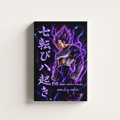 Vegeta Ultra Ego Canvas Wall Art - Dragon Ball Anime Motivational Quote “Fall Down 7 Times Stand Up 8” - Ready to Hang Gamer Room Decor - DR106