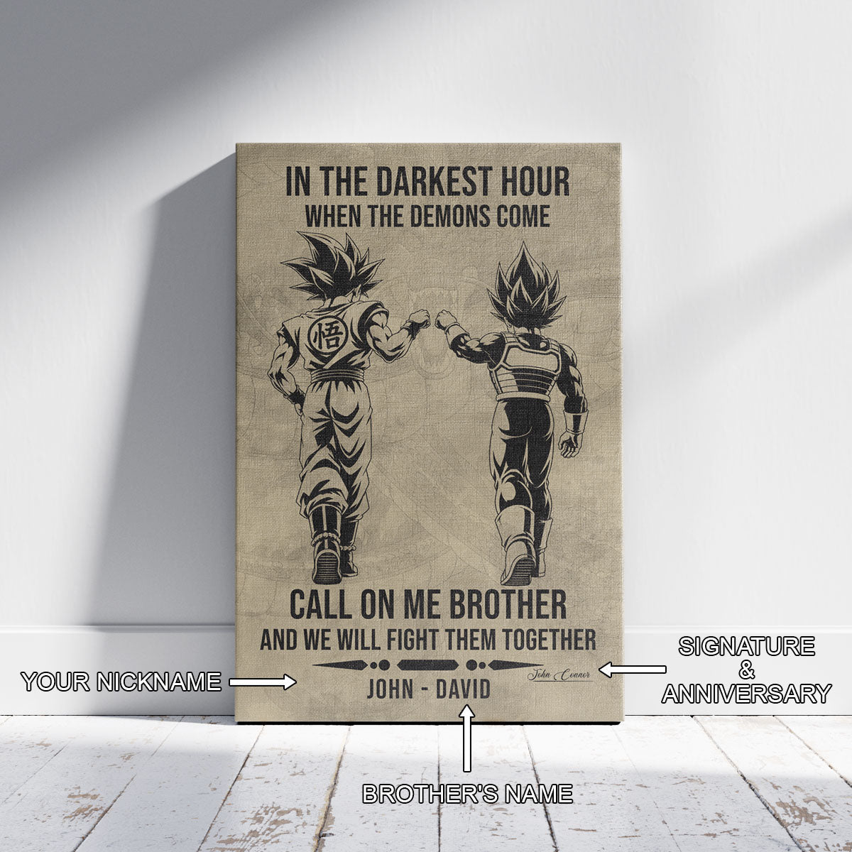 Dragon Ball Super Saiyan Blue Goku & Ultra Ego Vegeta Canvas Wall Art - Motivational Quote “Brother” - Ready to Hang Home Office Decor - DR125