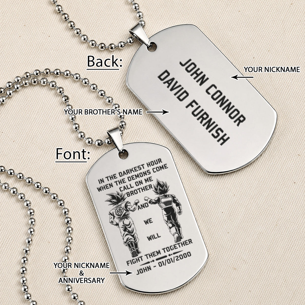 Dragon Ball Engraved Dog Tag Necklace - DRD060 - Goku - Vegeta - Call On Me Brother - Military Ball Chain - 316L Stainless Steel