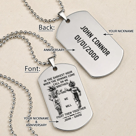 Personalized Dragon Ball Z Goku & Vegeta Brother Dog Tag Necklace - "Call On Me Brother" Engraved Stainless Steel Military Pendant Gift for Men