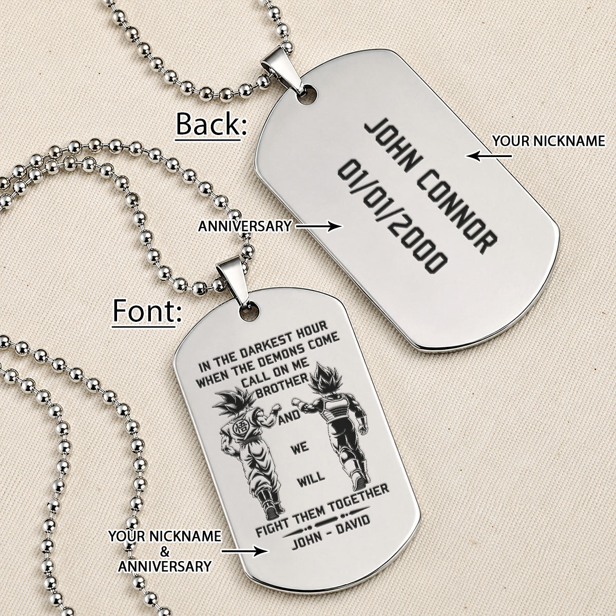 Dragon Ball Engraved Dog Tag Necklace - DRD061 - Goku - Vegeta - Call On Me Brother - Military Ball Chain - 316L Stainless Steel
