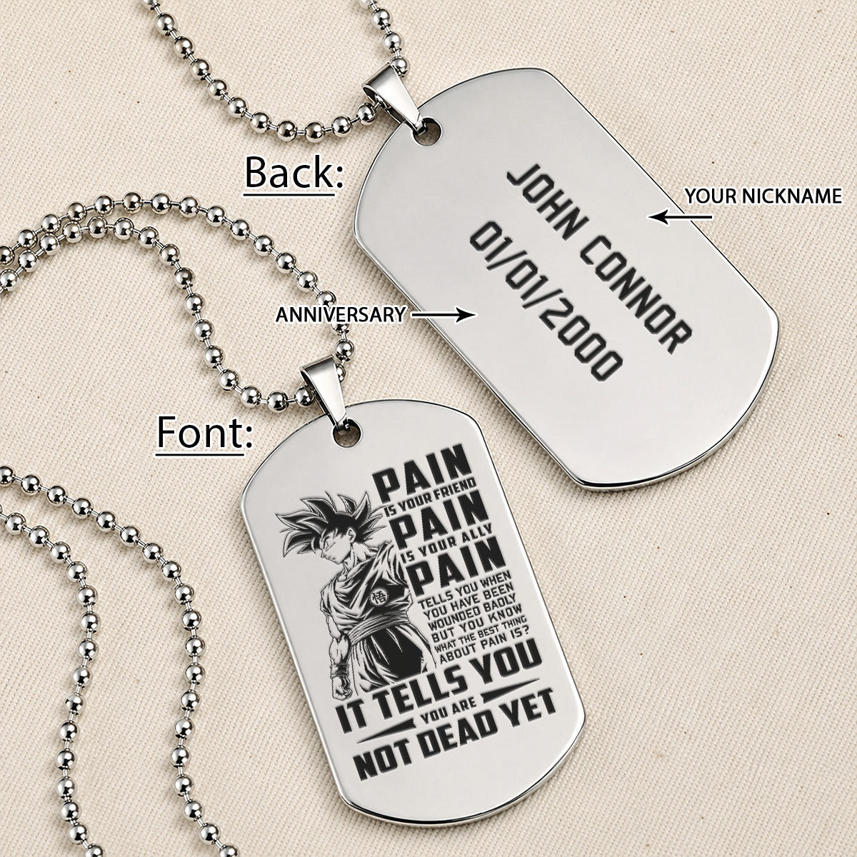 Dragon Ball Engraved Dog Tag Necklace - DRD064 - Goku - Pain Is Your Friend  - Military Ball Chain - 316L Stainless Steel