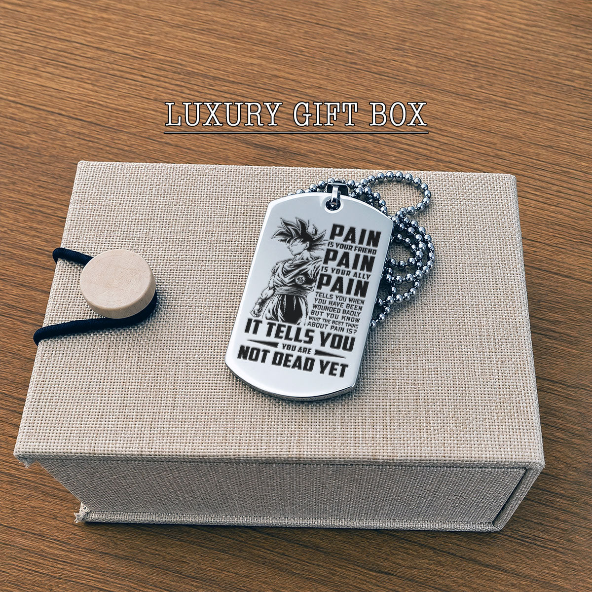 Dragon Ball Engraved Dog Tag Necklace - DRD064 - Goku - Pain Is Your Friend  - Military Ball Chain - 316L Stainless Steel