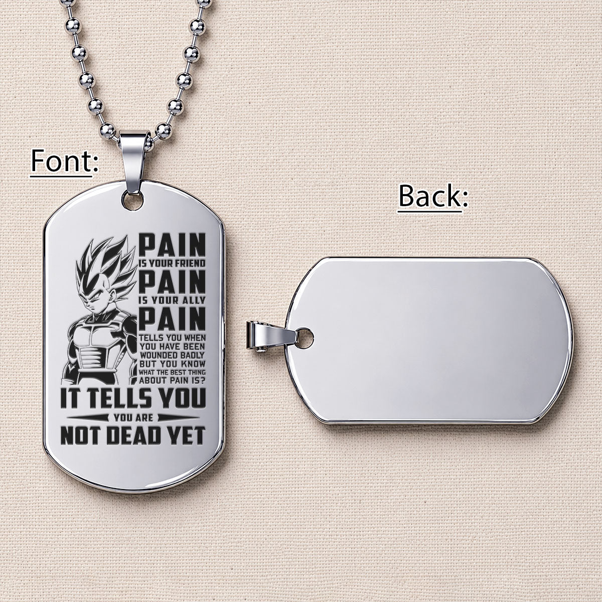 Personalized Dragon Ball Z Vegeta Dog Tag Necklace - “PAIN - You are Not Dead Yet” Engraved Stainless Steel Military Pendant Gift for Men
