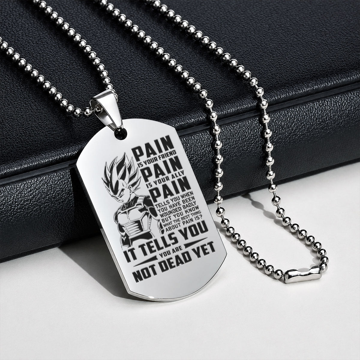 Dragon Ball Engraved Dog Tag Necklace - DRD065 - Vegeta - Pain Is Your Friend  - Military Ball Chain - 316L Stainless Steel