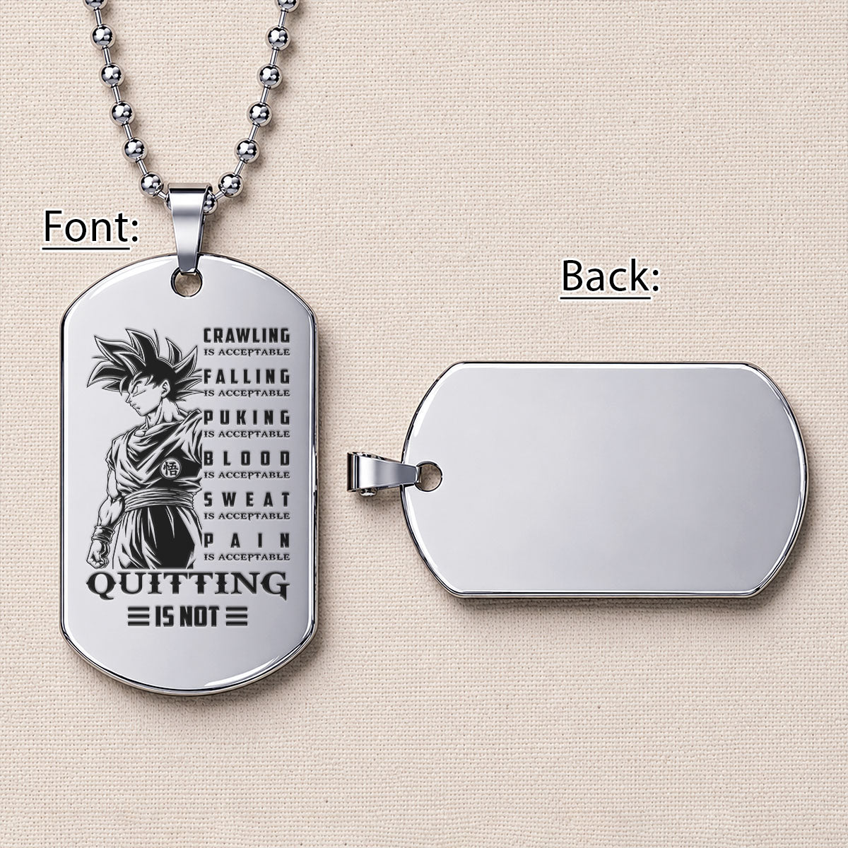 Dragon Ball Engraved Dog Tag Necklace - DRD066 - Goku - Quitting Is Not - Military Ball Chain - 316L Stainless Steel