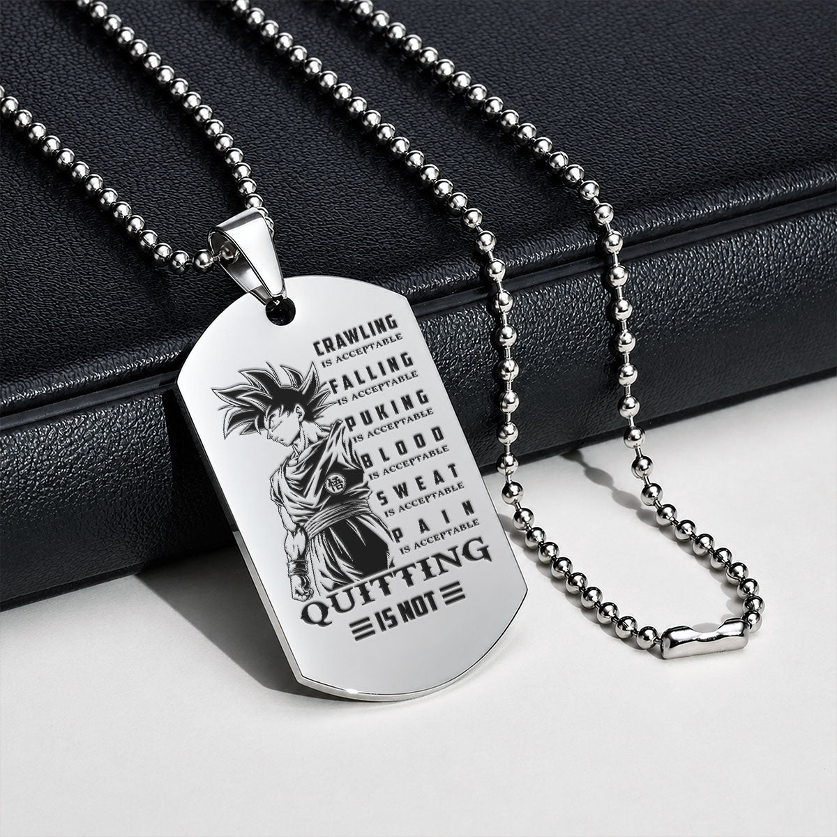 Dragon Ball Engraved Dog Tag Necklace - DRD066 - Goku - Quitting Is Not - Military Ball Chain - 316L Stainless Steel