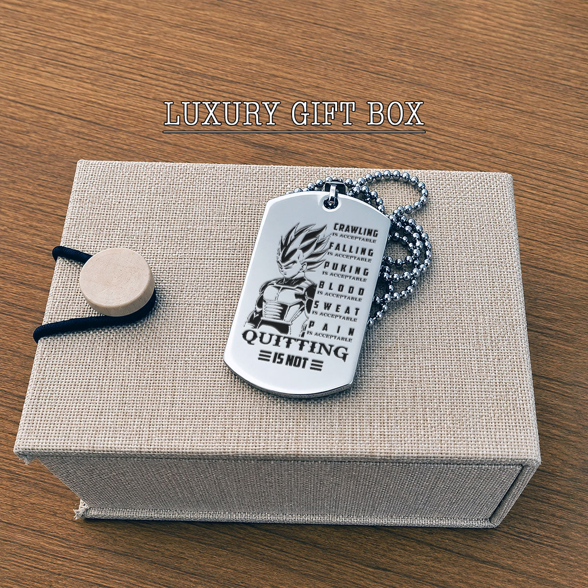 Personalized Dragon Ball Z Vegeta Dog Tag Necklace - “Quitting Is Not” Engraved Stainless Steel Military Pendant Gift for Men