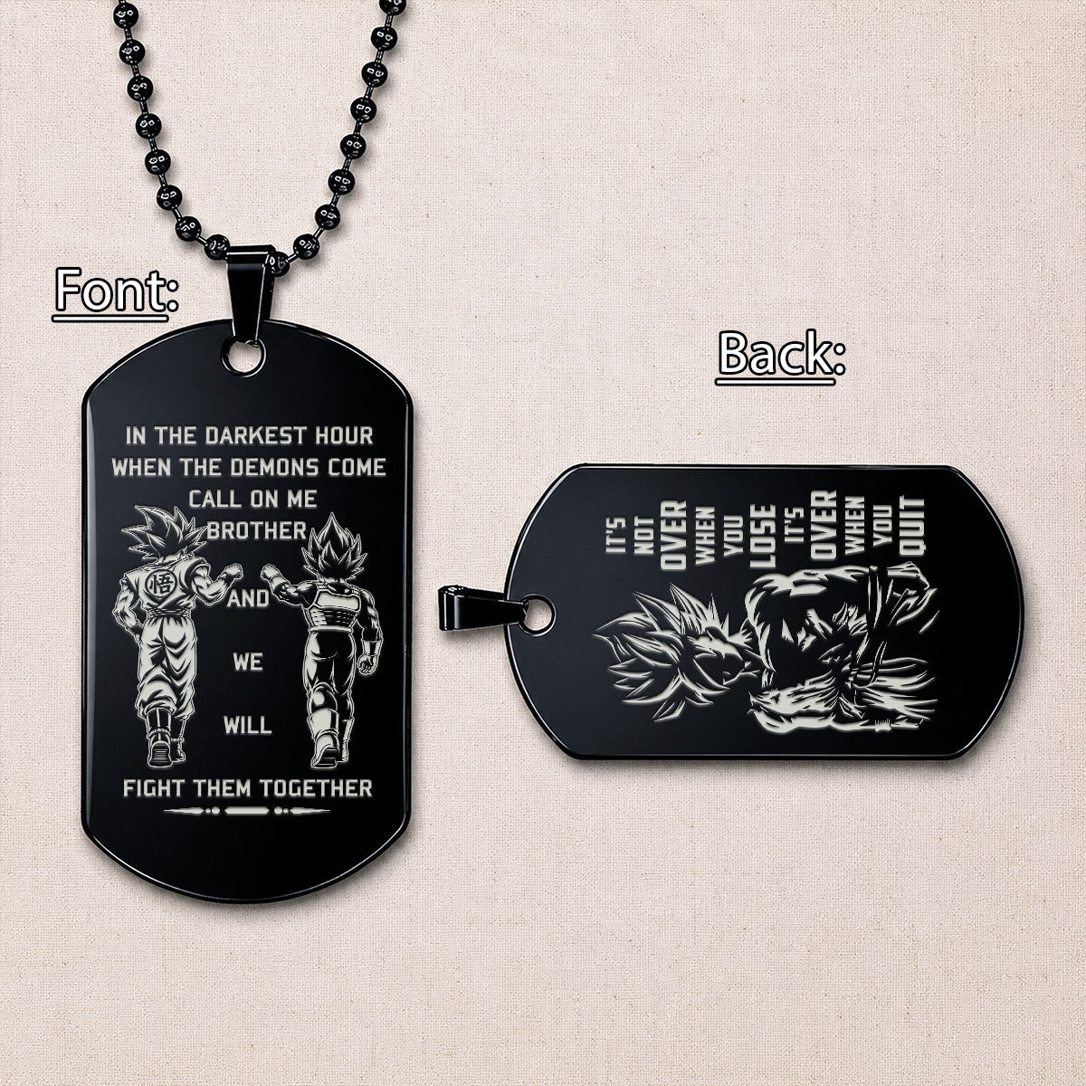 Dragon Ball Engraved Dog Tag Necklace - DRD068 - Goku - Vegeta - Call On Me Brother - Military Ball Chain - 316L Stainless Steel
