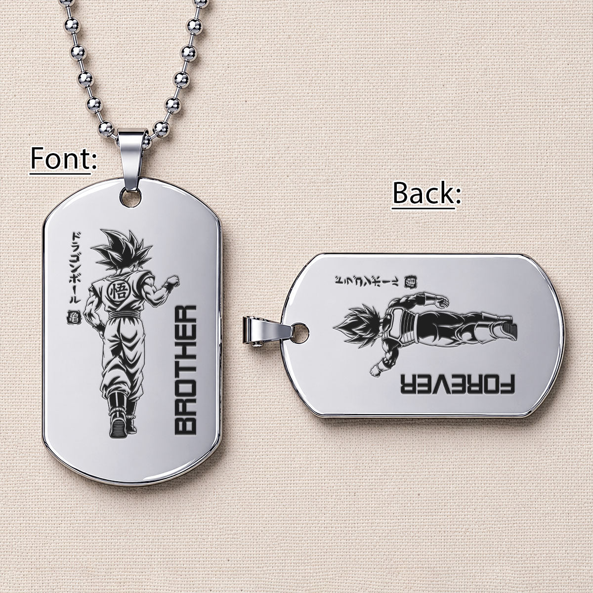 Dragon Ball Engraved Dog Tag Necklace - DRD070 - Goku - Vegeta - Brother Forever - Military Ball Chain - 316L Stainless Steel