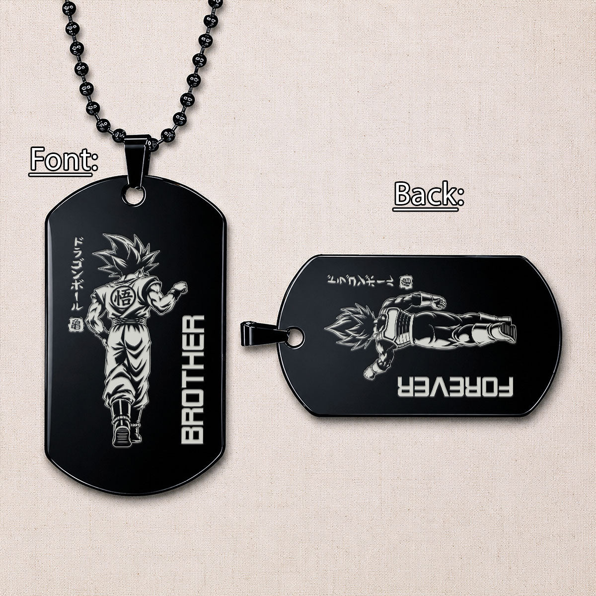 Dragon Ball Engraved Dog Tag Necklace - DRD071 - Goku - Vegeta - Brother Forever - Military Ball Chain - 316L Stainless Steel