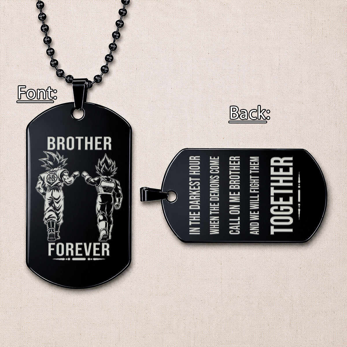 Dragon Ball Engraved Dog Tag Necklace - DRD077 - Goku - Vegeta - Brother Forever - Military Ball Chain - 316L Stainless Steel