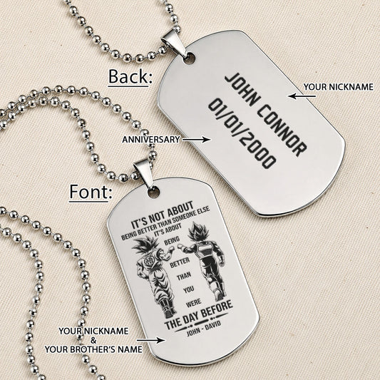 Custom Dragon Ball Z Goku & Vegeta Dog Tag Necklace - "Better Than You Were The Day Before" Engraved Stainless Steel Military Pendant Gift for Men