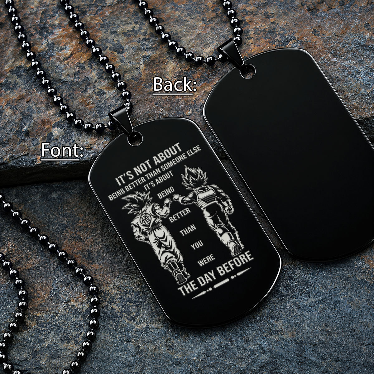 Custom Dragon Ball Z Goku & Vegeta Dog Tag Necklace - "Better Than You Were The Day Before" Engraved Stainless Steel Military Pendant Gift for Men