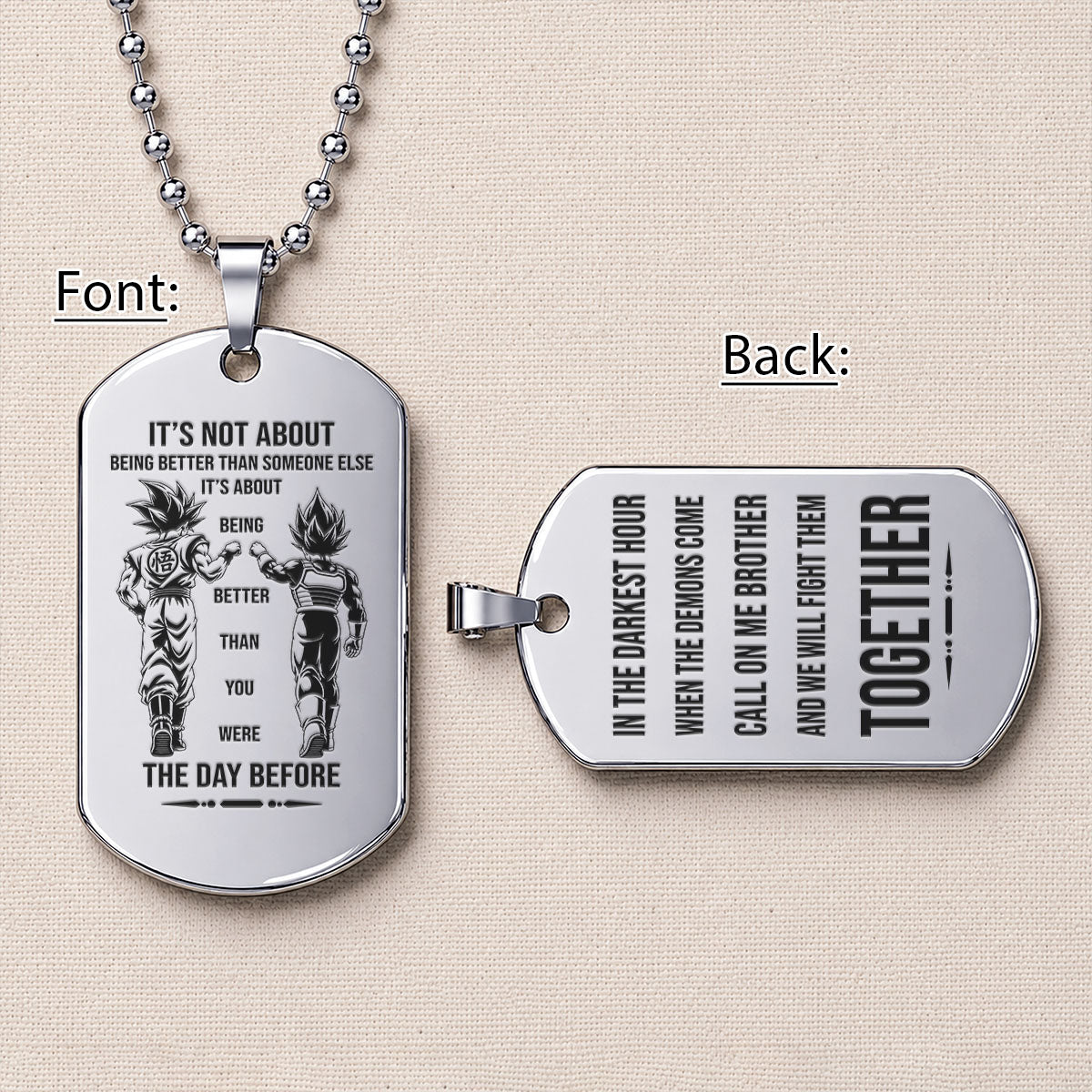 Dragon Ball Engraved Dog Tag Necklace - DRD088 - Goku - Vegeta - Better Than You Were The Day Before - Military Ball Chain