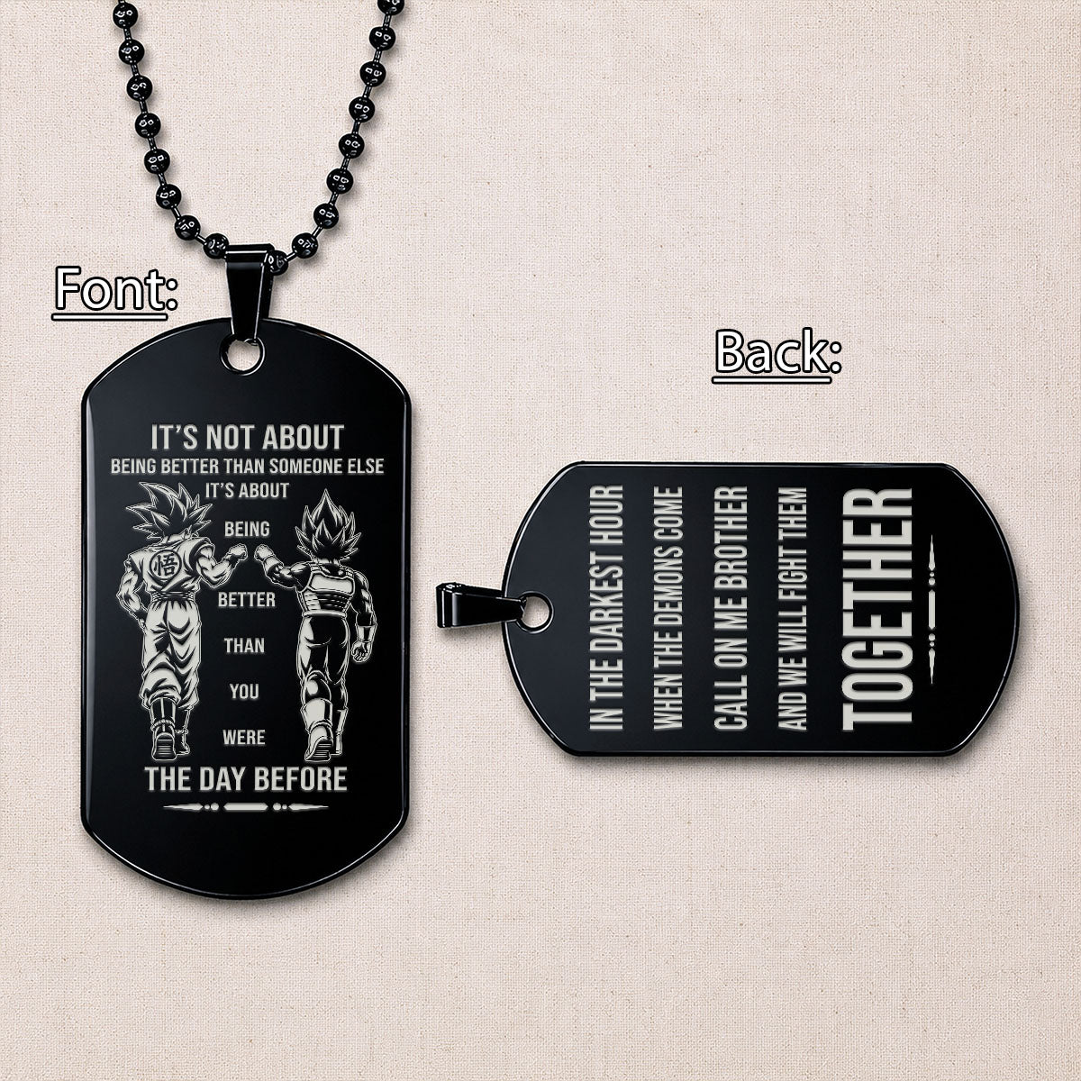 Dragon Ball Engraved Dog Tag Necklace - DRD089 - Goku - Vegeta - Call On Me Brother - Military Ball Chain