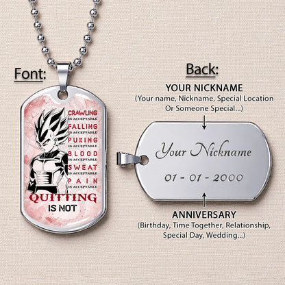 Personalized Dragon Ball Vegeta Dog Tag Necklace - Motivational Quote “Quitting Is Not” Stainless Steel Pendant - Anime Gift for DBZ Fans - DRDL014