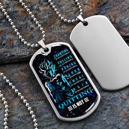 Custom Dragon Ball Super Saiyan Blue Goku Dog Tag Necklace - Motivational Quote “Quitting Is Not” Stainless Steel Pendant - Anime Gift for DBZ Fans - DRDL015