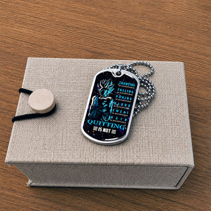 Custom Dragon Ball Super Saiyan Blue Goku Dog Tag Necklace - Motivational Quote “Quitting Is Not” Stainless Steel Pendant - Anime Gift for DBZ Fans - DRDL015