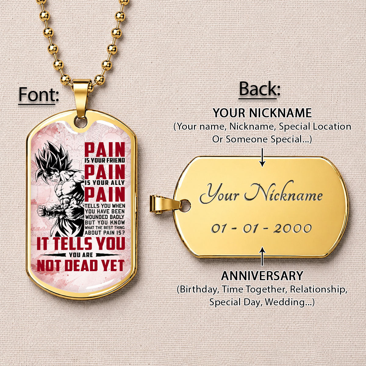 Personalized Dragon Ball Goku Dog Tag Necklace - Motivational Quote “Pain Is Your Friend” Stainless Steel Pendant - Anime Gift for DBZ Fans - DRDL018