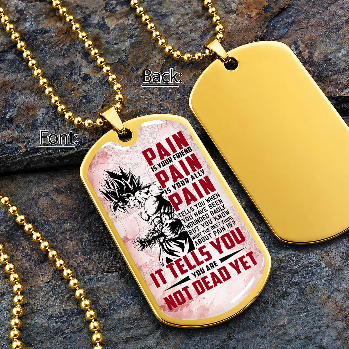 Dragon Ball Dog Tag Necklace - DRDL018 - Goku - Pain Is Your Friend - Gift for DBZ Fans - Military Ball Chain