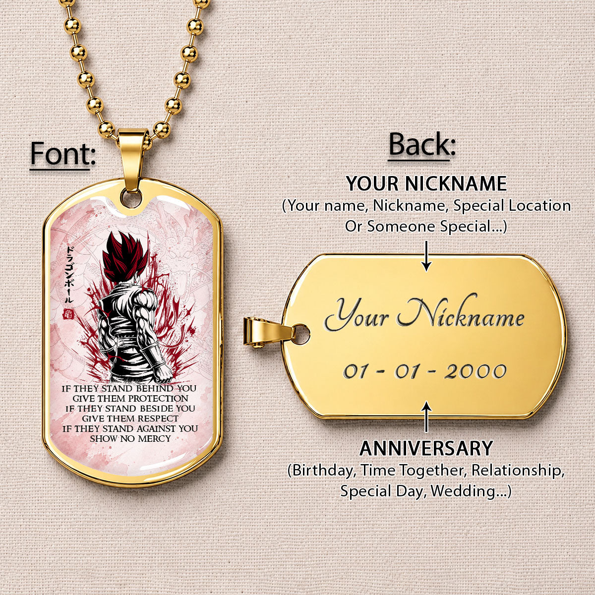 Dragon Ball Dog Tag Necklace - DRDL029 - Super Saiyan God Vegito - Show No Mercy - Military Ball Chain
