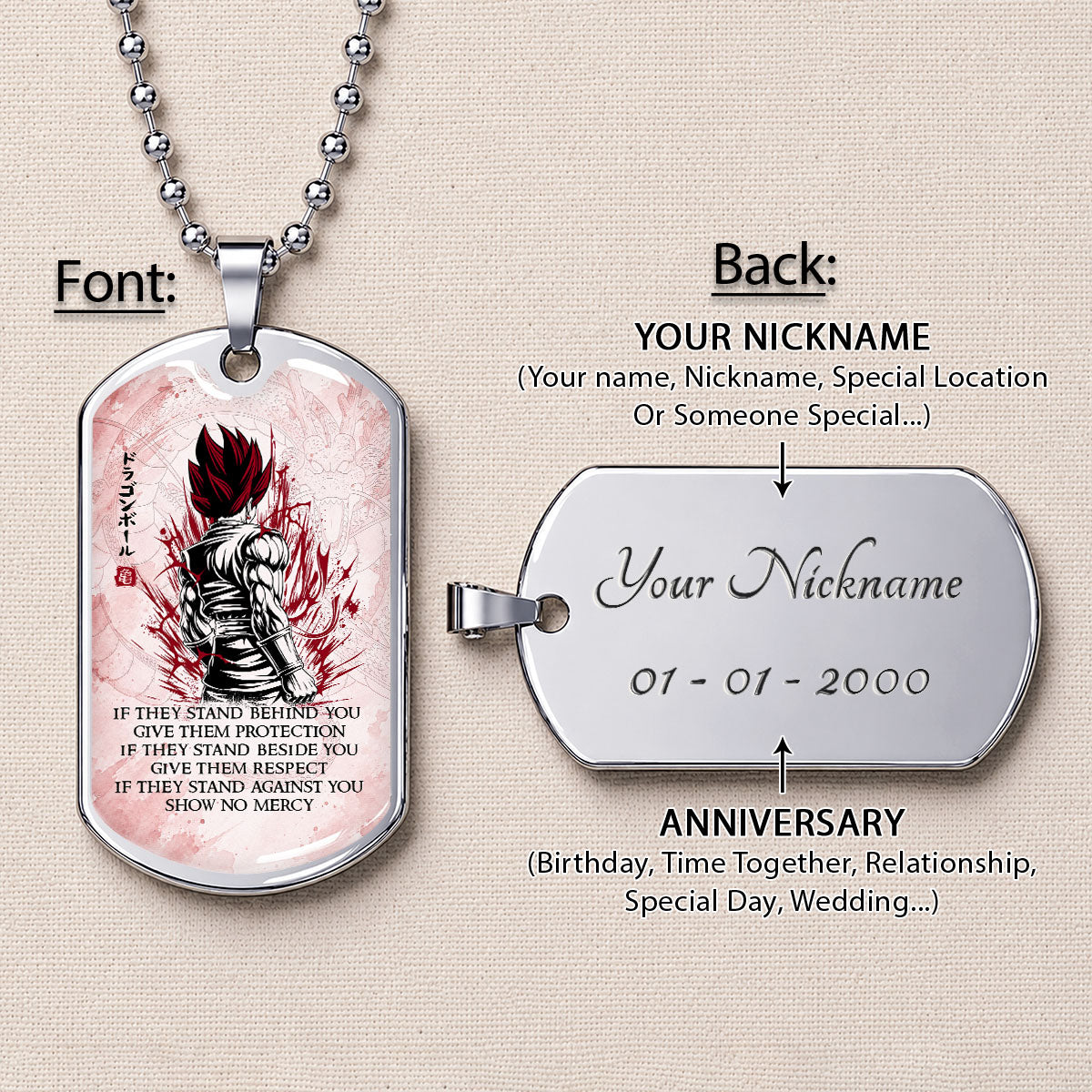 Custom Dragon Ball Super Saiyan God Vegito Dog Tag Necklace - Motivational Quote “Show No Mercy” Stainless Steel Pendant - Anime Gift for DBZ Fans - DRDL029
