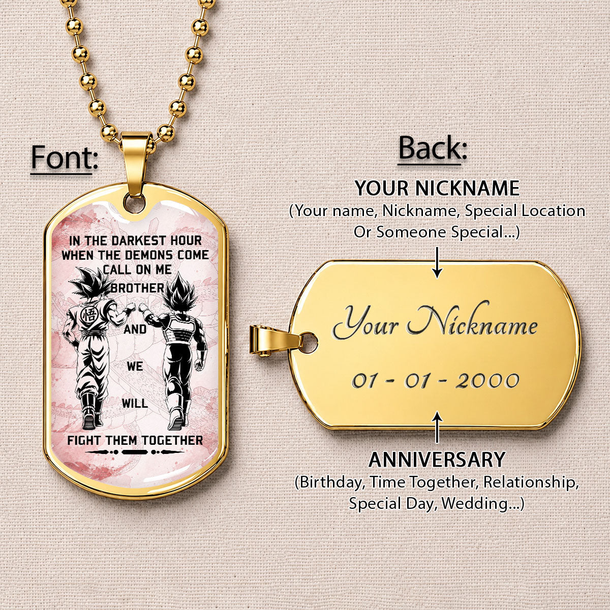 Dragon Ball Dog Tag Necklace - DRDL040 - Goku - Vegeta - Call On Me Brother -  Military Ball Chain