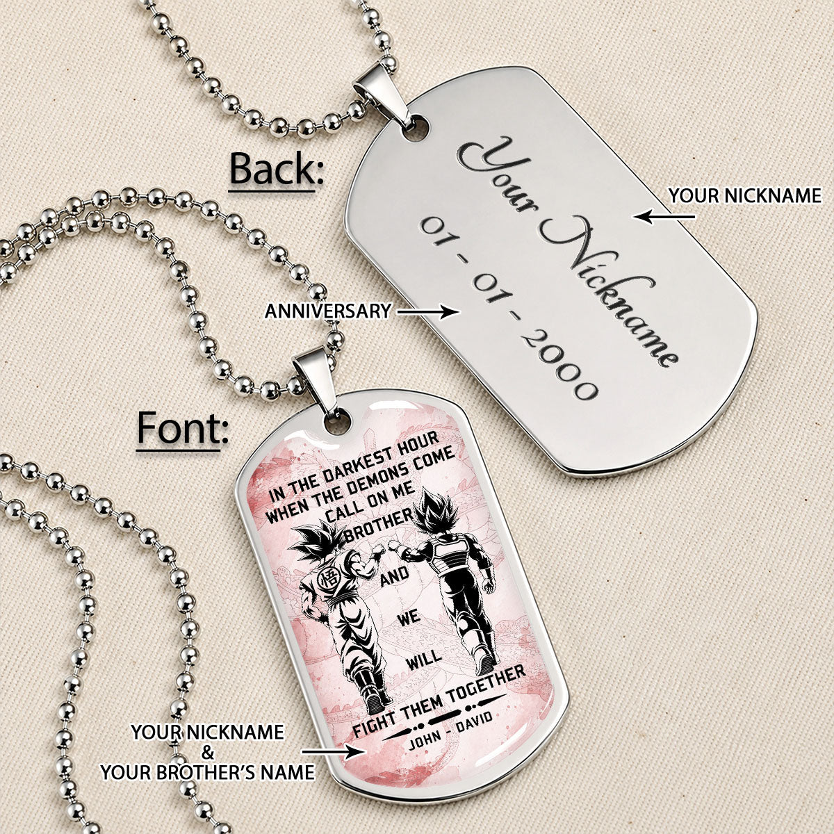 Custom Dragon Ball Goku & Vegeta Brother Dog Tag Necklace - Motivational Quote "Call On Me Brother"  Stainless Steel Pendant - Anime Gift for DBZ Fans - DRDL040
