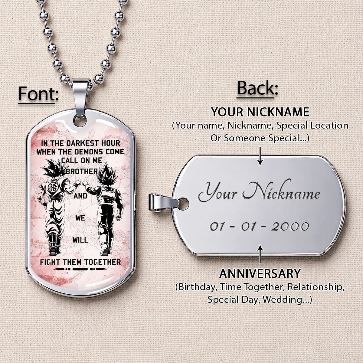 Dragon Ball Dog Tag Necklace - DRDL040 - Goku - Vegeta - Call On Me Brother -  Military Ball Chain