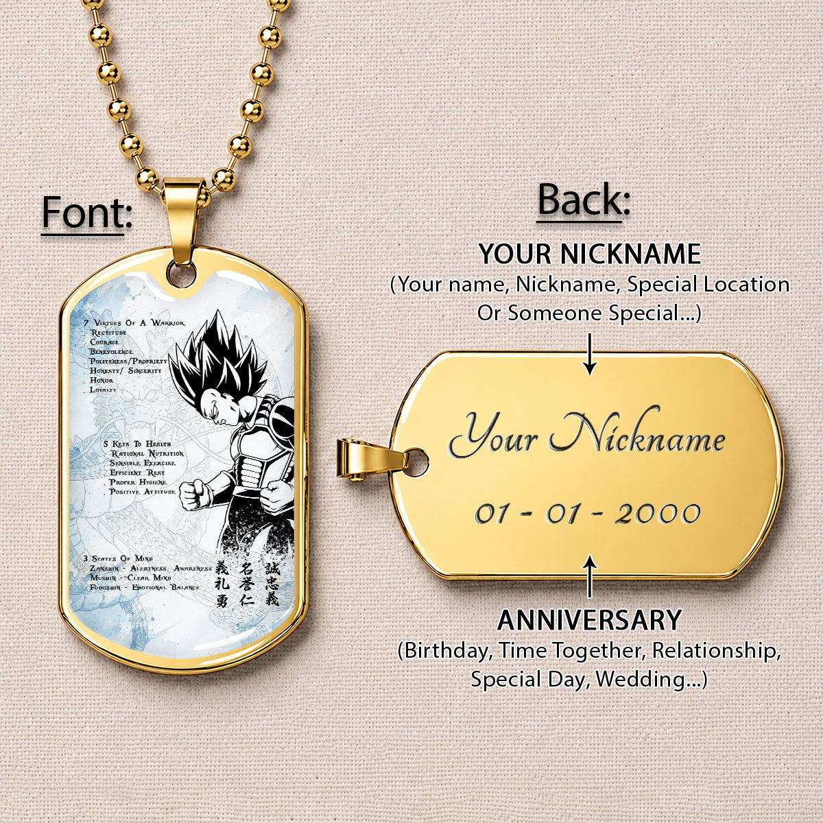 Dragon Ball Dog Tag Necklace - DRDL043 - Vegeta - 7 Virtues of a Warrior - 5 Keys to Health - Military Ball Chain