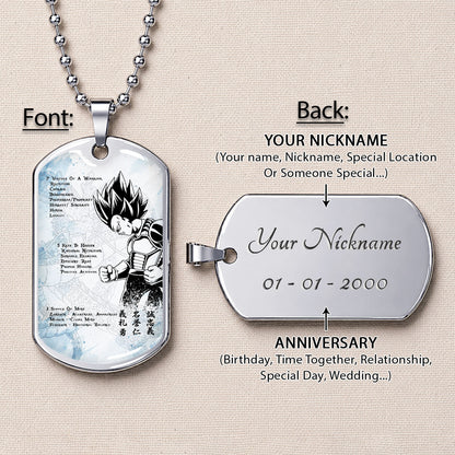 Custom Dragon Ball Vegeta Dog Tag Necklace - Motivational Quote “7 Virtues of a Warrior & 5 Keys to Health” Stainless Steel Pendant - Gift for DBZ Fans - DRDL043