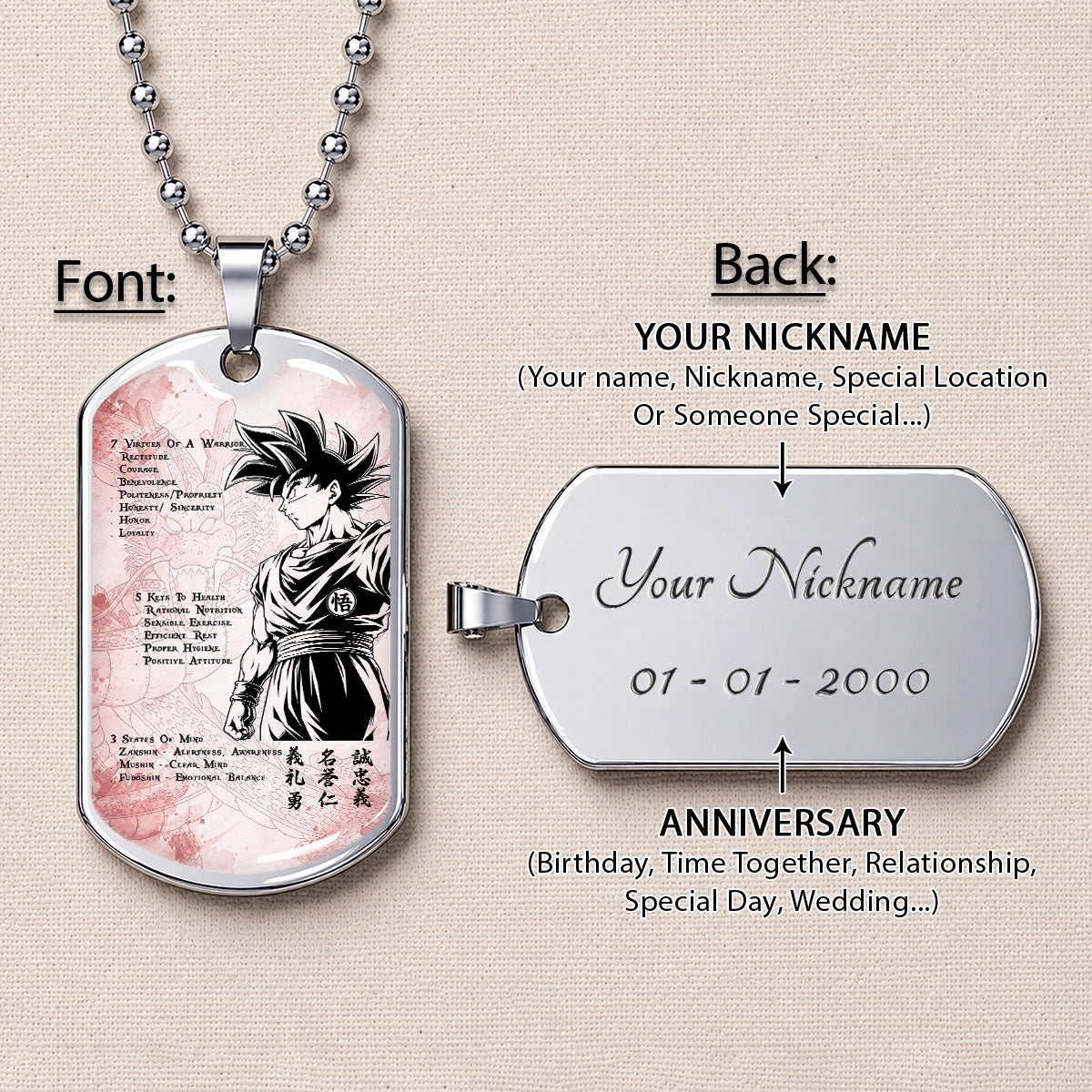 Custom Dragon Ball Goku Dog Tag Necklace - Motivational Quote “7 Virtues of a Warrior & 5 Keys to Health” Stainless Steel Pendant - Gift for DBZ Fans - DRDL044