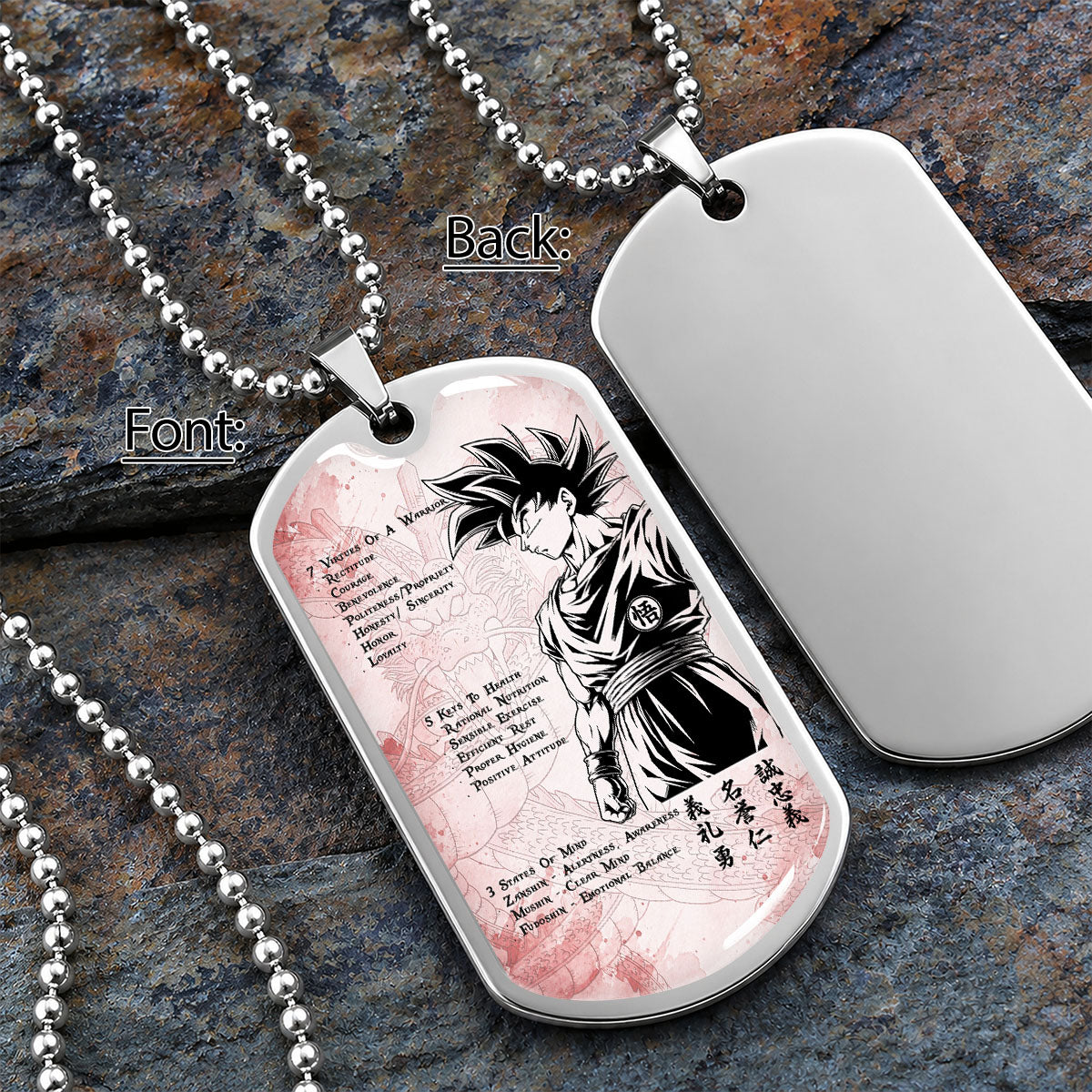 Dragon Ball Dog Tag Necklace - DRDL044 - Goku - 7 Virtues of a Warrior - 5 Keys to Health - Military Ball Chain