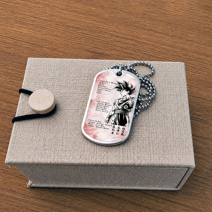 Custom Dragon Ball Goku Dog Tag Necklace - Motivational Quote “7 Virtues of a Warrior & 5 Keys to Health” Stainless Steel Pendant - Gift for DBZ Fans - DRDL044