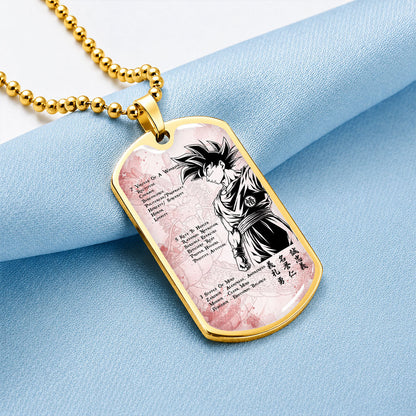 Custom Dragon Ball Goku Dog Tag Necklace - Motivational Quote “7 Virtues of a Warrior & 5 Keys to Health” Stainless Steel Pendant - Gift for DBZ Fans - DRDL044