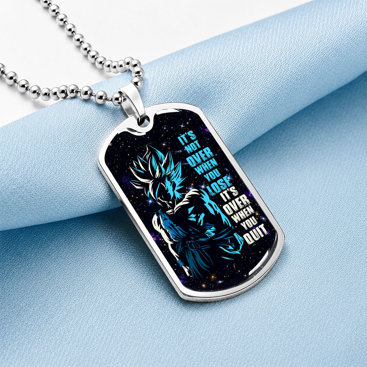Custom Dragon Ball Saiyan Blue Goku Dog Tag Necklace - Motivational Quote “It's Not Over When You Lose” Stainless Steel Pendant - Gift for DBZ Fans - DRDL048