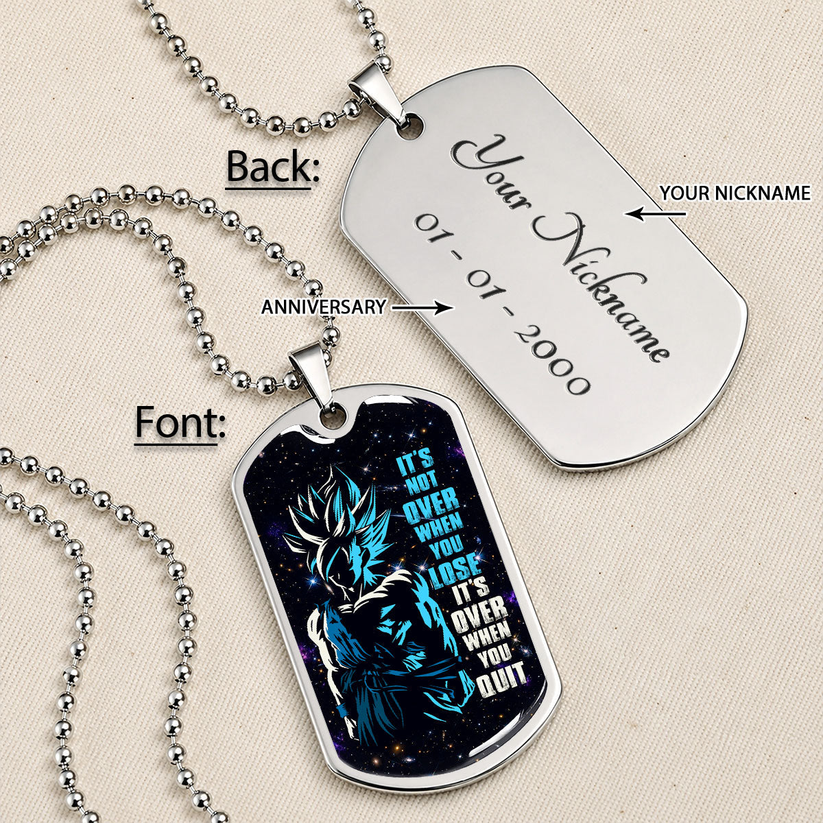 Custom Dragon Ball Saiyan Blue Goku Dog Tag Necklace - Motivational Quote “It's Not Over When You Lose” Stainless Steel Pendant - Gift for DBZ Fans - DRDL048