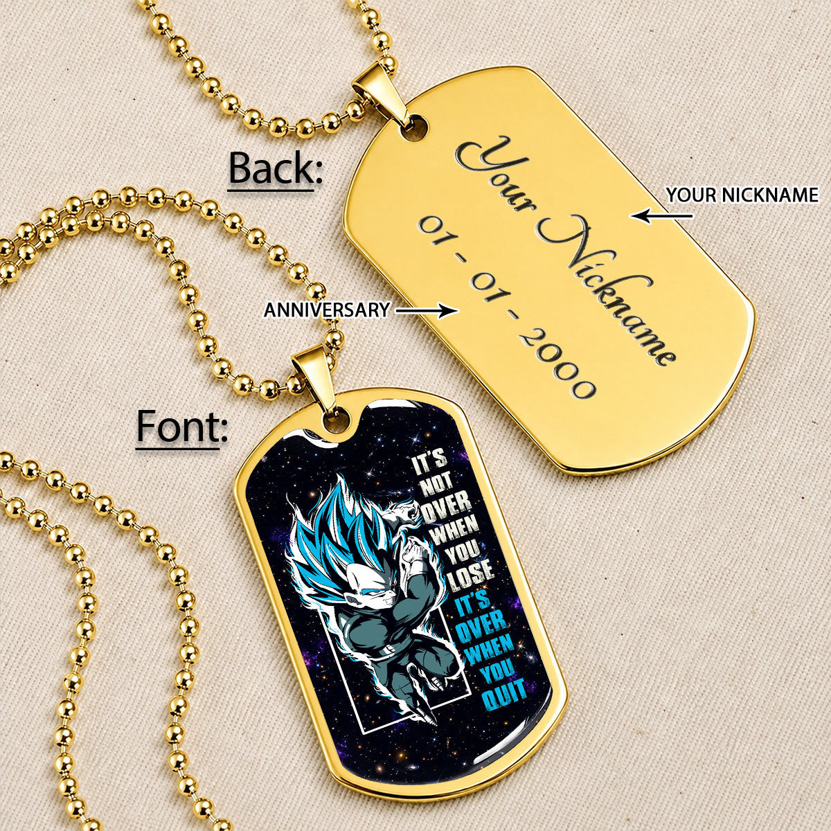 Dragon Ball Dog Tag Necklace - DRDL049 - Super Saiyan Blue Vegeta - It's Not Over When You Lose - Military Ball Chain