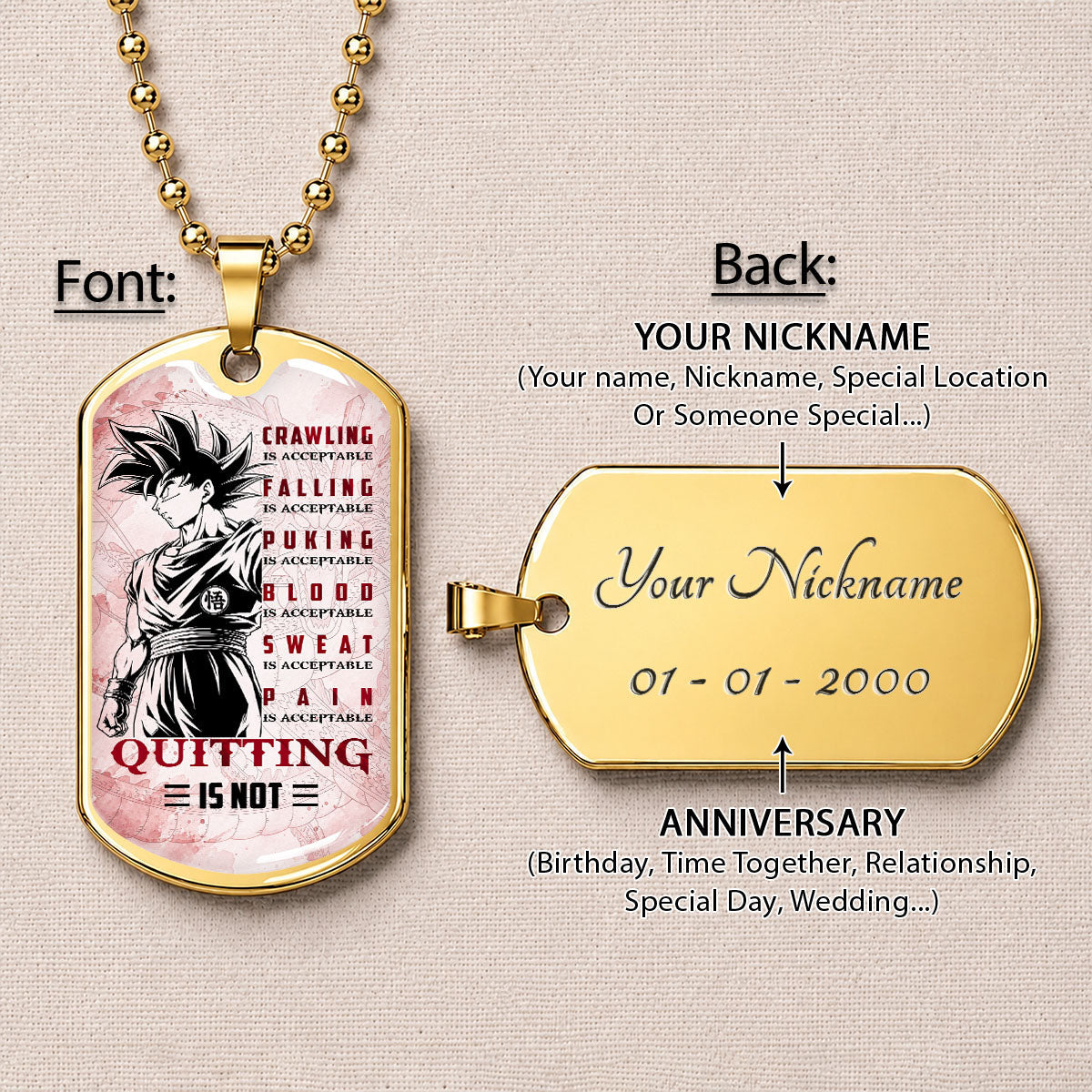 Personalized Dragon Ball Goku Dog Tag Necklace - Motivational Quote “Quitting Is Not” Stainless Steel Pendant - Anime Gift for DBZ Fans - DRDL055