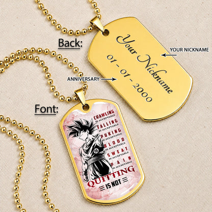 Personalized Dragon Ball Goku Dog Tag Necklace - Motivational Quote “Quitting Is Not” Stainless Steel Pendant - Anime Gift for DBZ Fans - DRDL055