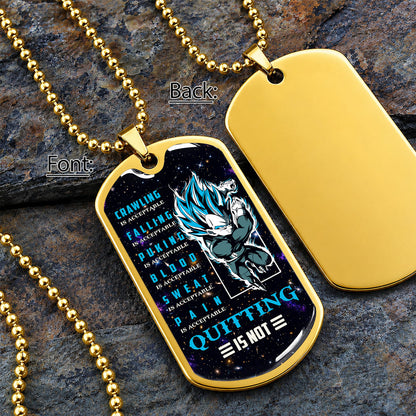 Custom Dragon Ball Super Saiyan Blue Vegeta Dog Tag Necklace - Motivational Quote “Quitting Is Not” Stainless Steel Pendant - Anime Gift for DBZ Fans - DRDL056