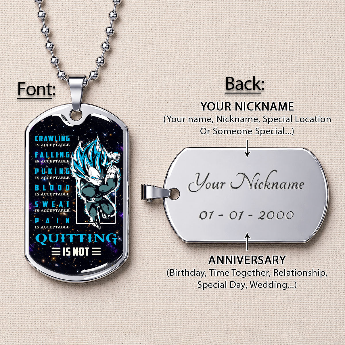 Custom Dragon Ball Super Saiyan Blue Vegeta Dog Tag Necklace - Motivational Quote “Quitting Is Not” Stainless Steel Pendant - Anime Gift for DBZ Fans - DRDL056