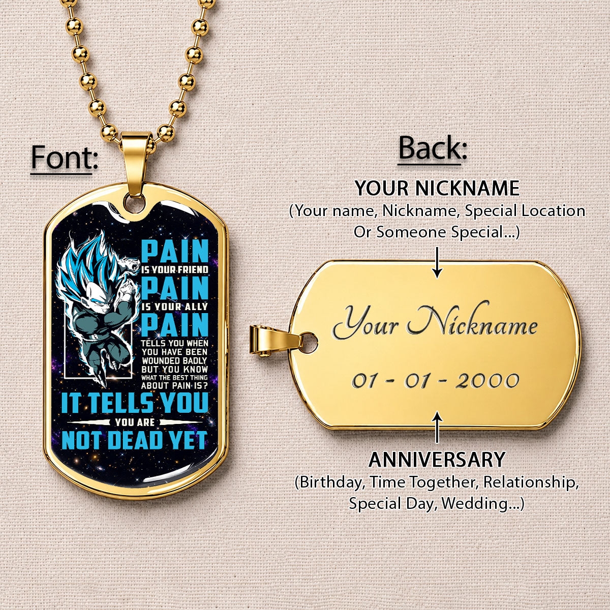 Dragon Ball Dog Tag Necklace - DRDL057 - Super Saiyan Blue Vegeta - Pain Is Your Friend - Military Ball Chain