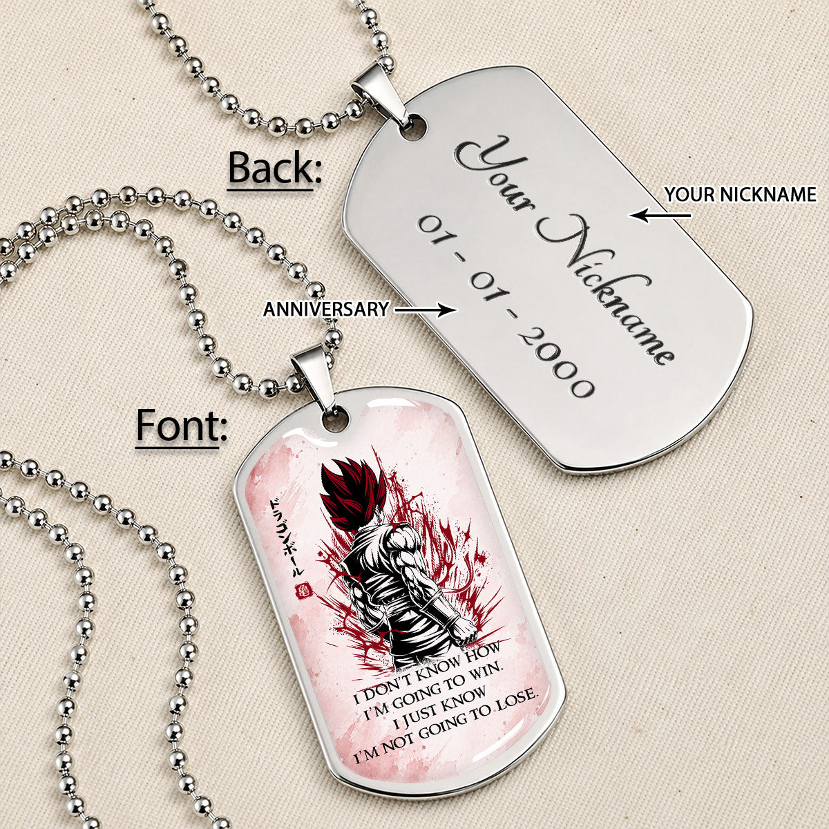 Custom Dragon Ball Saiyan God Vegito Dog Tag Necklace - Motivational Quote "I'm Not Going To Lose" Stainless Steel Pendant - Anime Gift for DBZ Fans - DRDL058