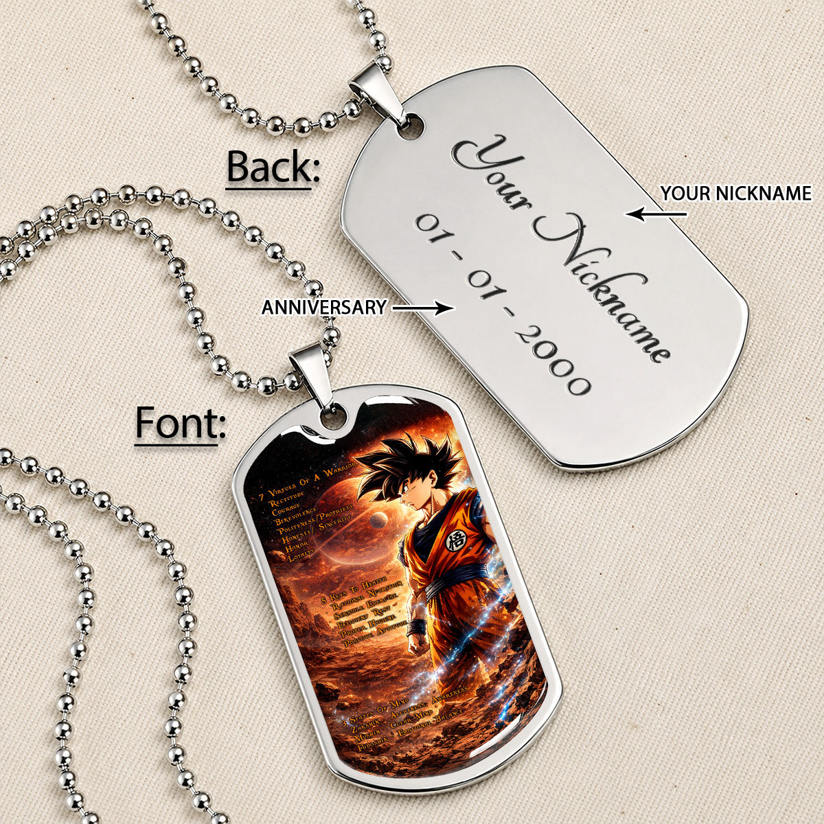 Custom Dragon Ball Goku Dog Tag Necklace - Motivational Quote “7 Virtues of a Warrior & 5 Keys to Health” Stainless Steel Pendant - Gift for DBZ Fans - DRDL080